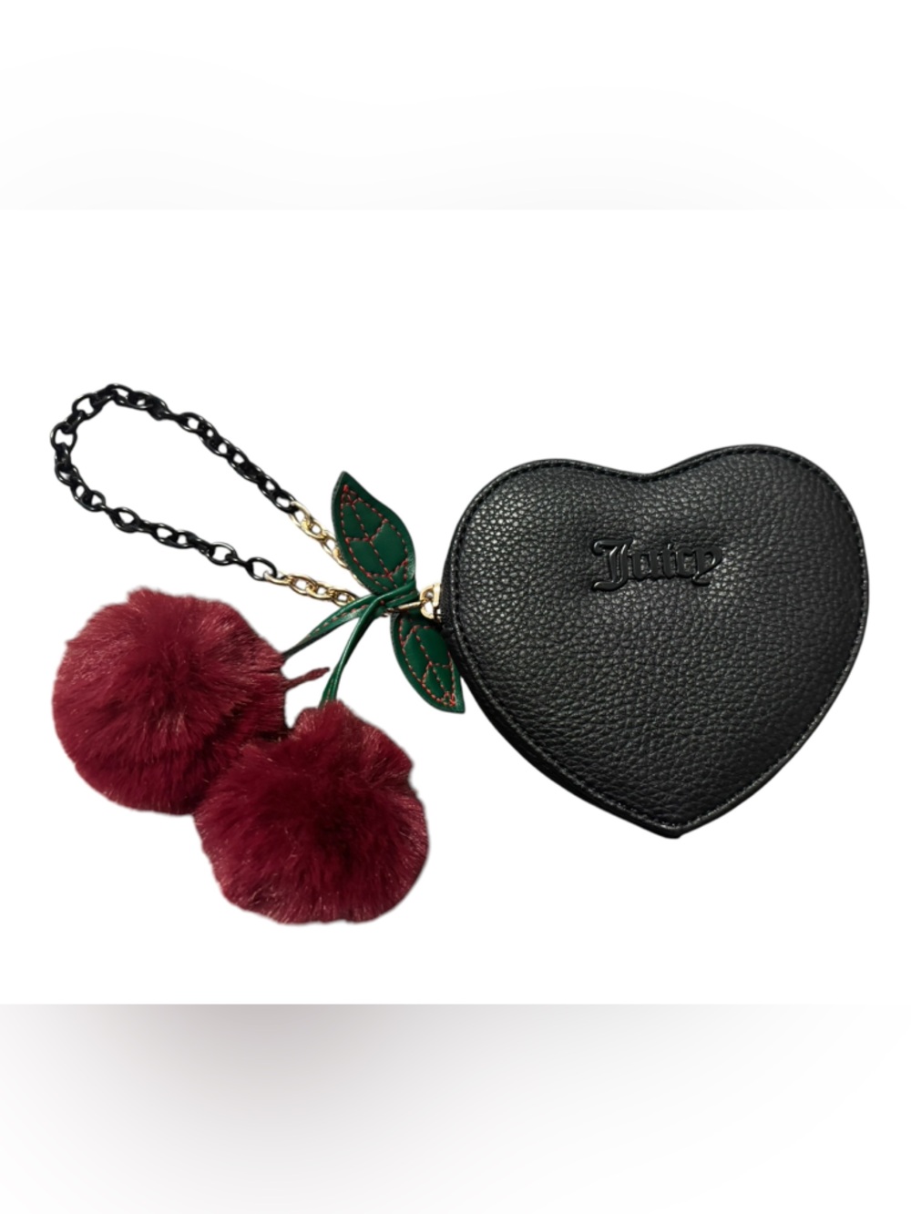 Black Heart Wristlet Bag with Burgundy Pom-Pom Accent